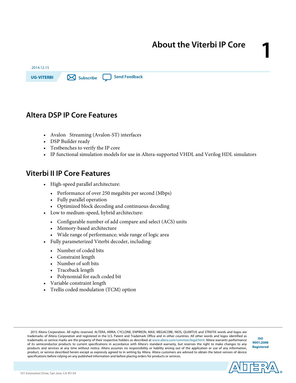 About the viterbi ip core, Altera dsp ip core features, Viterbi ii ip core features | About the viterbi ip core -1, Altera dsp ip core features -1, Viterbi ii ip core features -1 | Altera Viterbi Compiler User Manual | Page 4 / 40