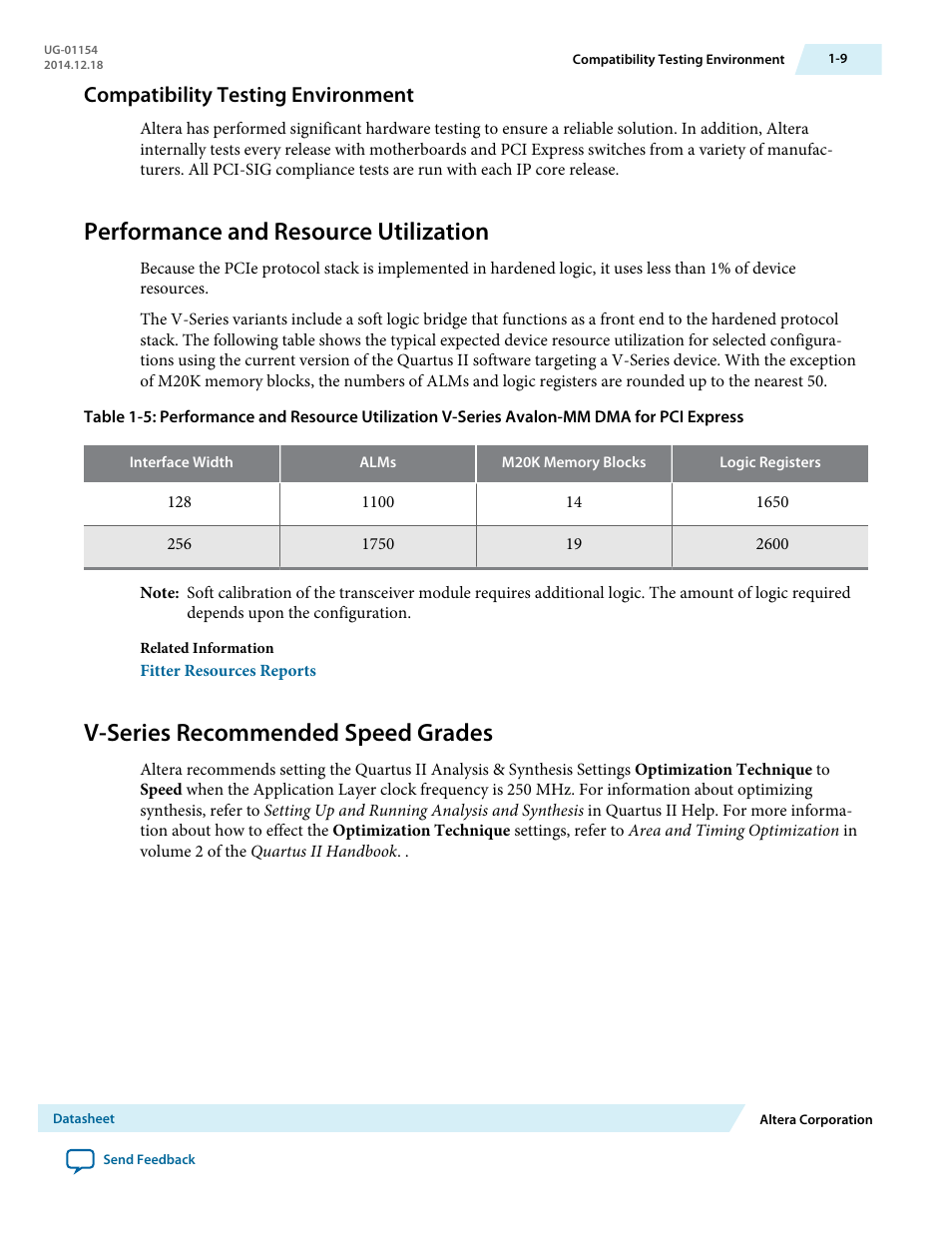 Compatibility testing environment, Performance and resource utilization, V-series recommended speed grades | Altera V-Series Avalon-MM DMA User Manual | Page 10 / 142