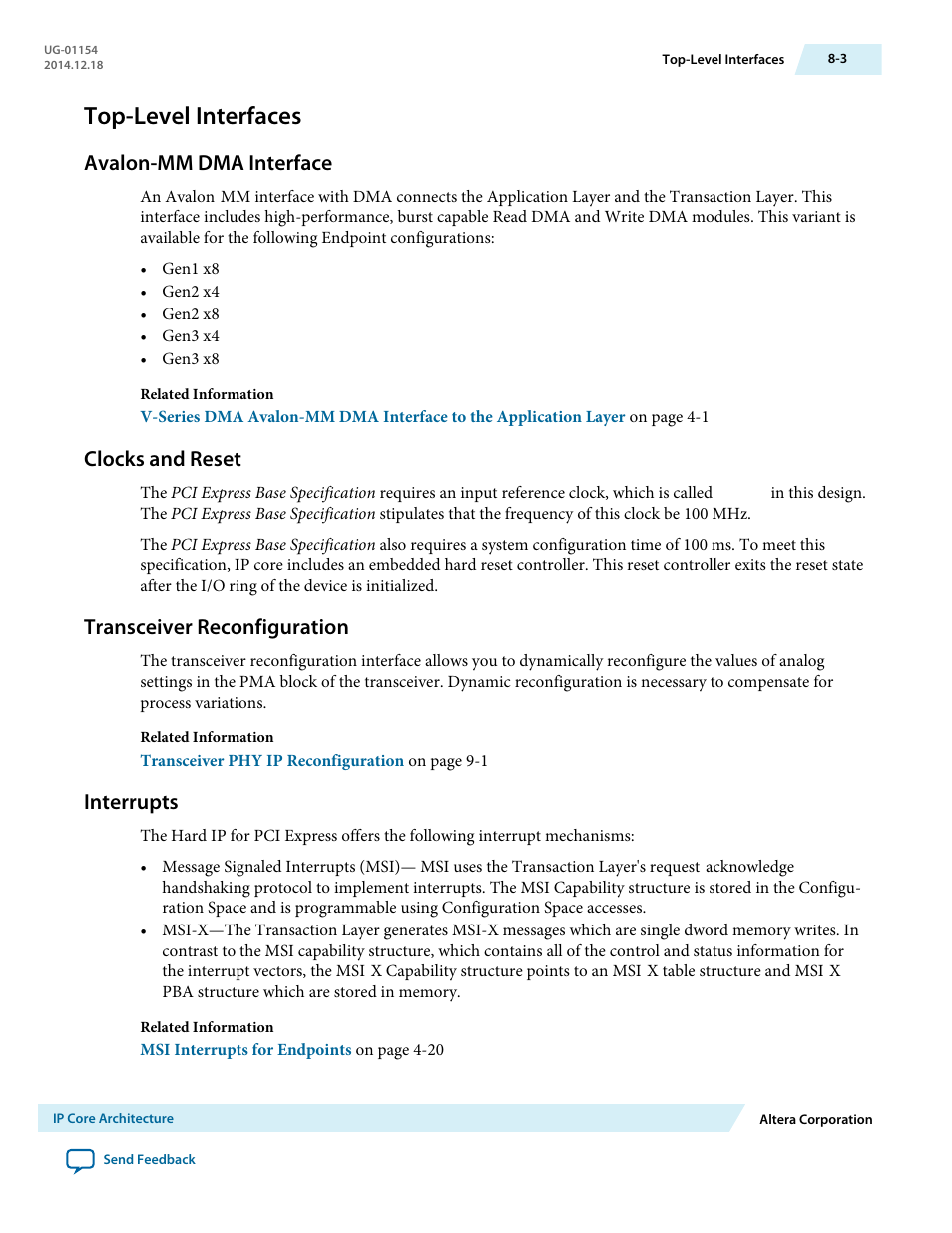 Top-level interfaces, Avalon-mm dma interface, Clocks and reset | Transceiver reconfiguration, Interrupts | Altera V-Series Avalon-MM DMA User Manual | Page 116 / 142