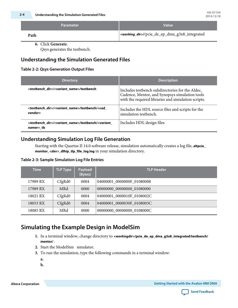 Understanding the simulation generated files, Understanding simulation log file generation, Simulating the example design in modelsim | Altera V-Series Avalon-MM DMA User Manual | Page 18 / 142