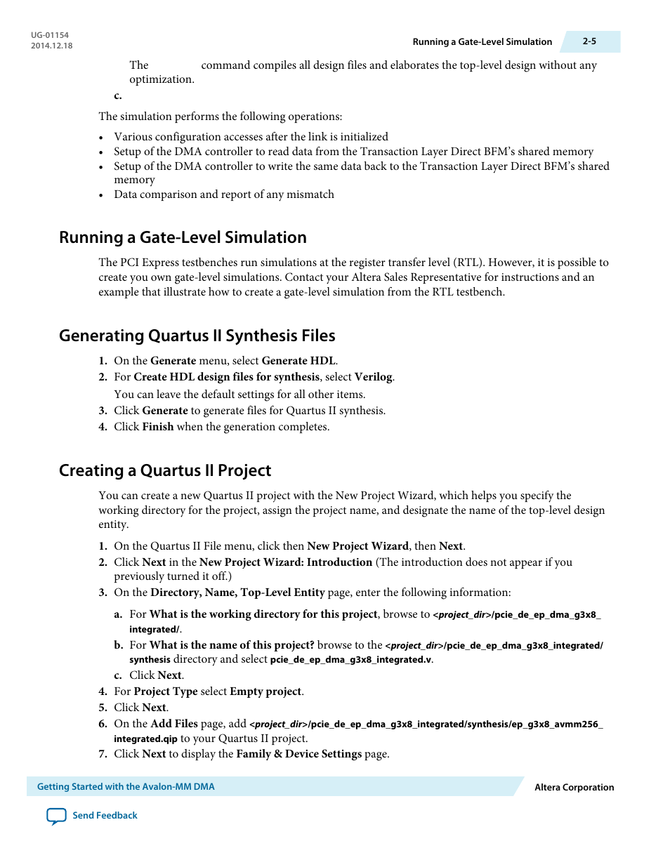Running a gate-level simulation, Generating quartus ii synthesis files, Creating a quartus ii project | Altera V-Series Avalon-MM DMA User Manual | Page 19 / 142