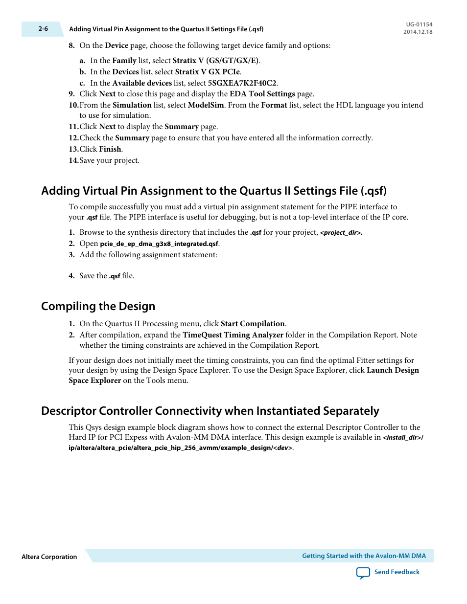 Compiling the design | Altera V-Series Avalon-MM DMA User Manual | Page 20 / 142