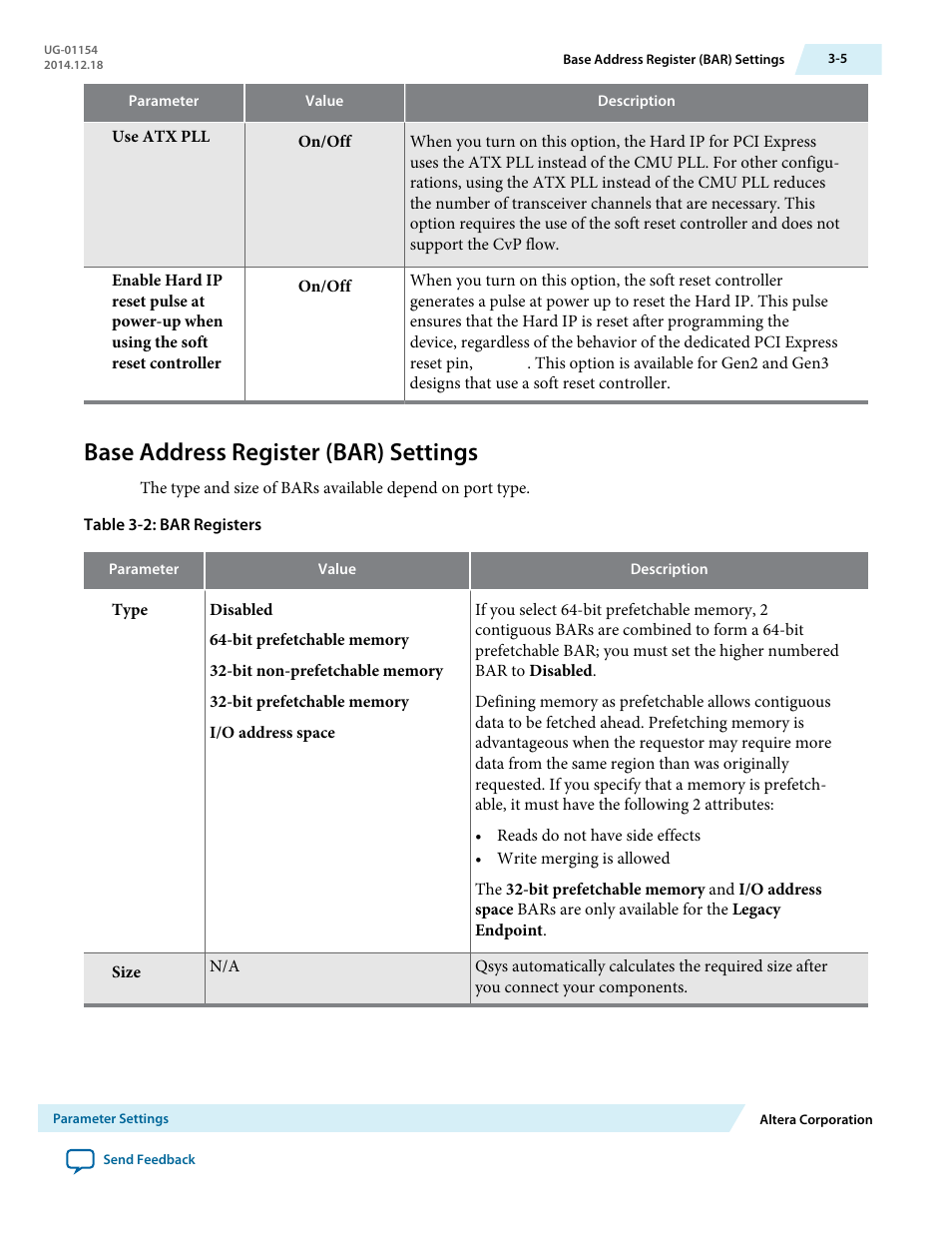 Base address register (bar) settings | Altera V-Series Avalon-MM DMA User Manual | Page 26 / 142