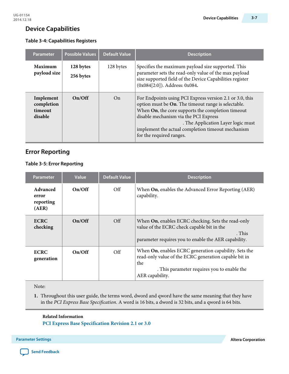 Device capabilities, Error reporting | Altera V-Series Avalon-MM DMA User Manual | Page 28 / 142