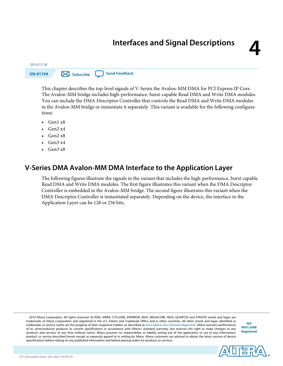Interfaces and signal descriptions | Altera V-Series Avalon-MM DMA User Manual | Page 32 / 142
