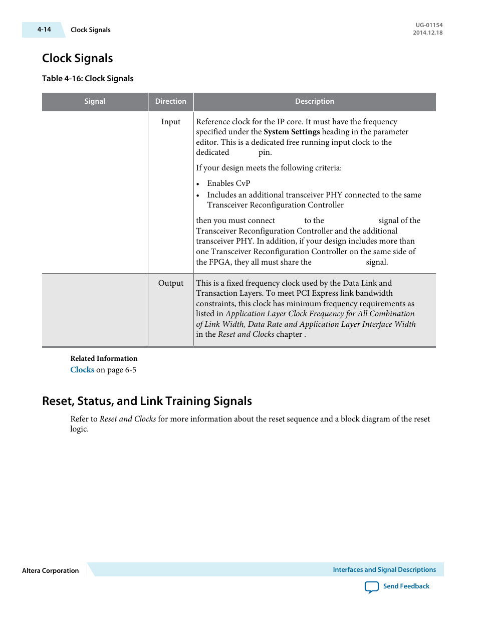 Clock signals, Reset, status, and link training signals | Altera V-Series Avalon-MM DMA User Manual | Page 45 / 142