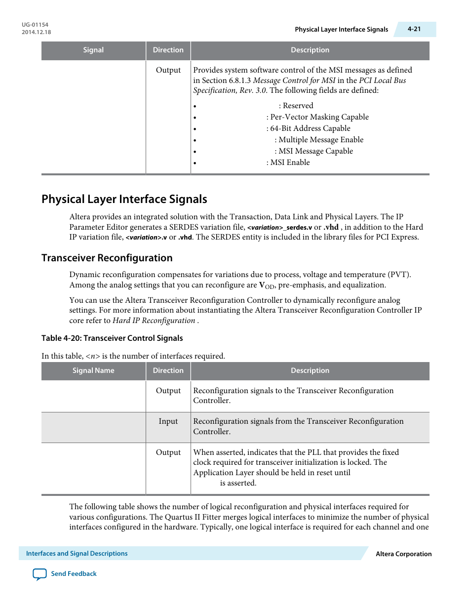 Physical layer interface signals, Transceiver reconfiguration | Altera V-Series Avalon-MM DMA User Manual | Page 52 / 142