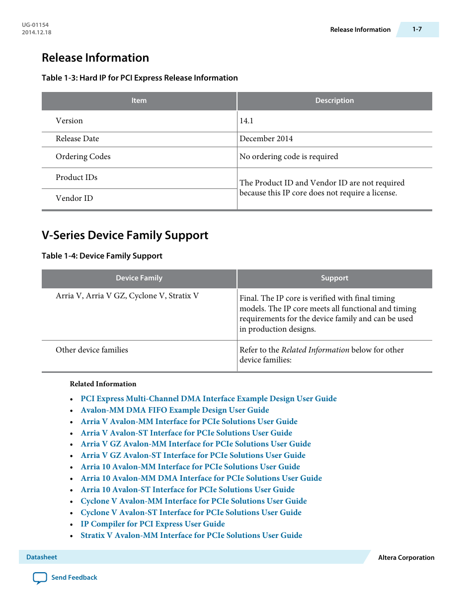 Release information, V-series device family support | Altera V-Series Avalon-MM DMA User Manual | Page 8 / 142