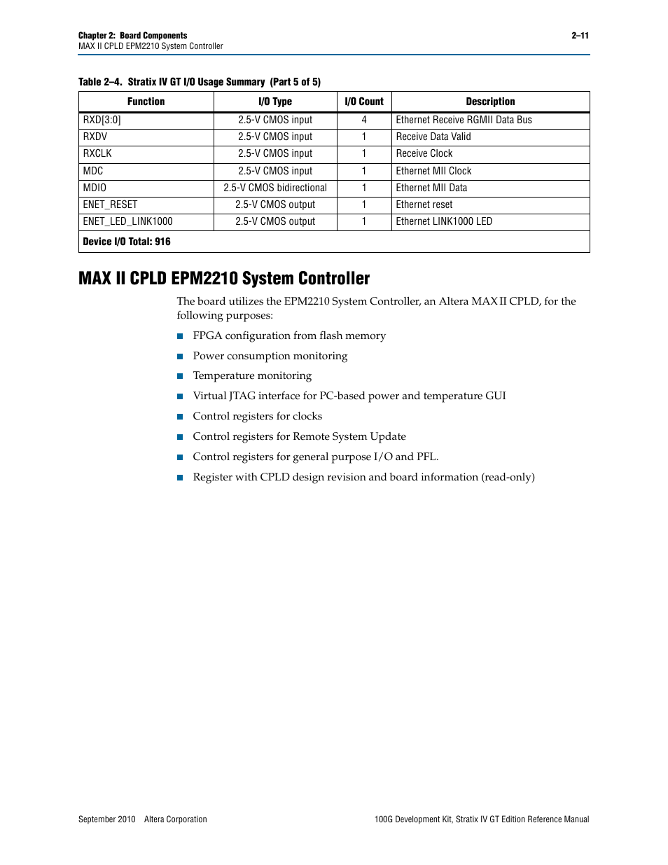 Max ii cpld epm2210 system controller, Max ii cpld epm2210 system controller –11 | Altera 100G Development Kit, Stratix IV GT Edition User Manual | Page 19 / 80