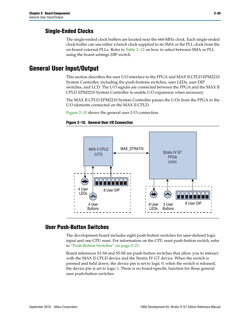 Single-ended clocks, General user input/output, User push-button switches | Single-ended clocks –29, General user input/output –29, User push-button switches –29 | Altera 100G Development Kit, Stratix IV GT Edition User Manual | Page 37 / 80