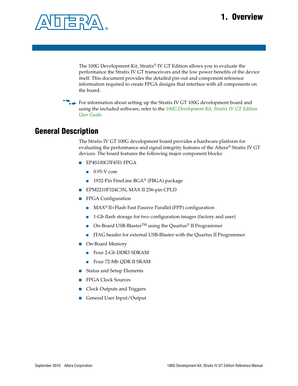 Overview, General description, Chapter 1. overview | General description –1 | Altera 100G Development Kit, Stratix IV GT Edition User Manual | Page 5 / 80