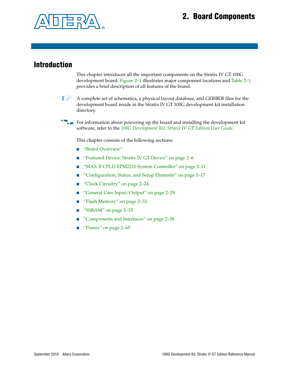 Board components, Introduction, Chapter 2. board components | Introduction –1 | Altera 100G Development Kit, Stratix IV GT Edition User Manual | Page 9 / 80