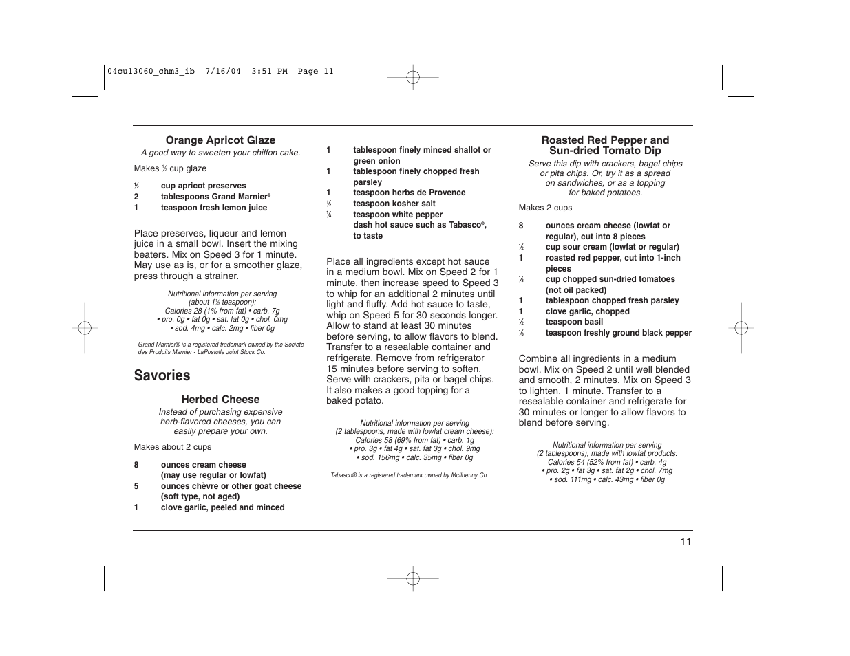 Savories, Orange apricot glaze, Herbed cheese | Roasted red pepper and sun-dried tomato dip | Cuisinart CHM-3 User Manual | Page 11 / 16