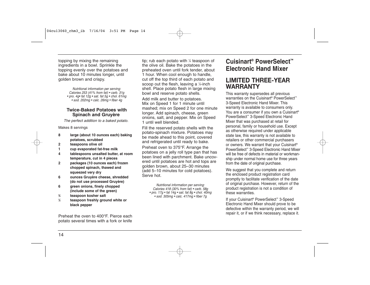 Cuisinart, Powerselect, Electronic hand mixer limited three-year warranty | Cuisinart CHM-3 User Manual | Page 14 / 16