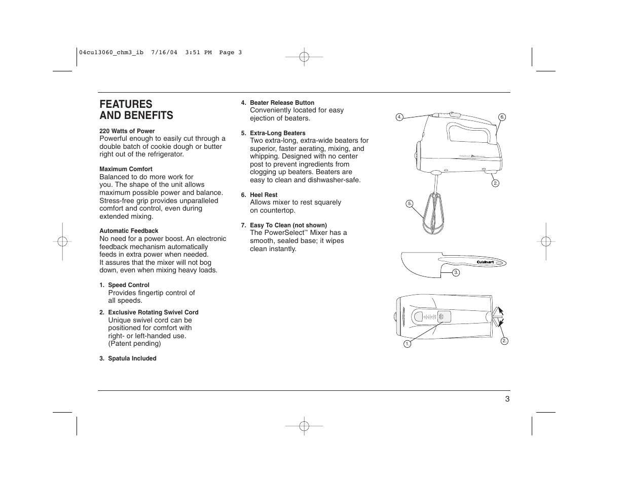 Features and benefits | Cuisinart CHM-3 User Manual | Page 3 / 16