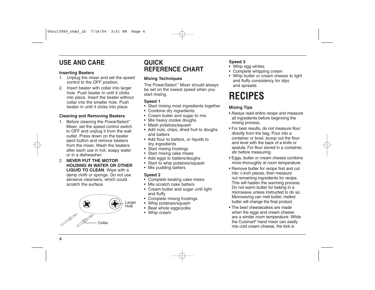 Recipes, Use and care, Quick reference chart | Cuisinart CHM-3 User Manual | Page 4 / 16