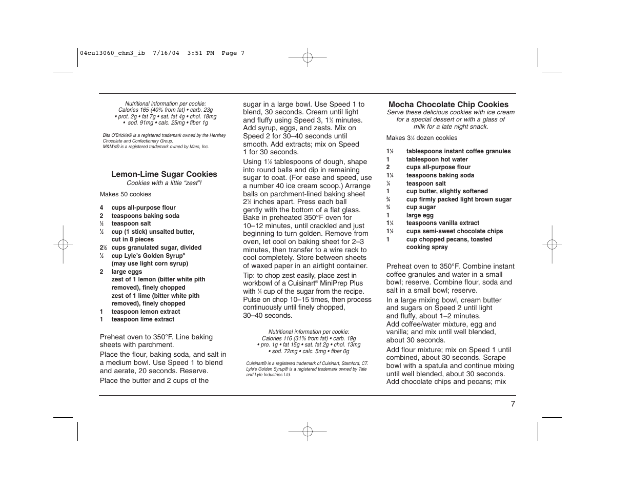 Lemon-lime sugar cookies, Mocha chocolate chip cookies | Cuisinart CHM-3 User Manual | Page 7 / 16