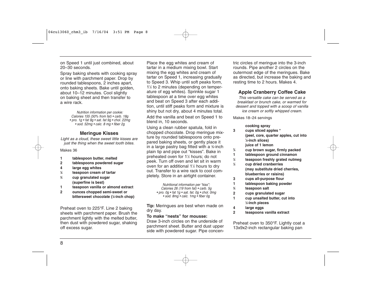 Meringue kisses, Apple cranberry coffee cake | Cuisinart CHM-3 User Manual | Page 8 / 16