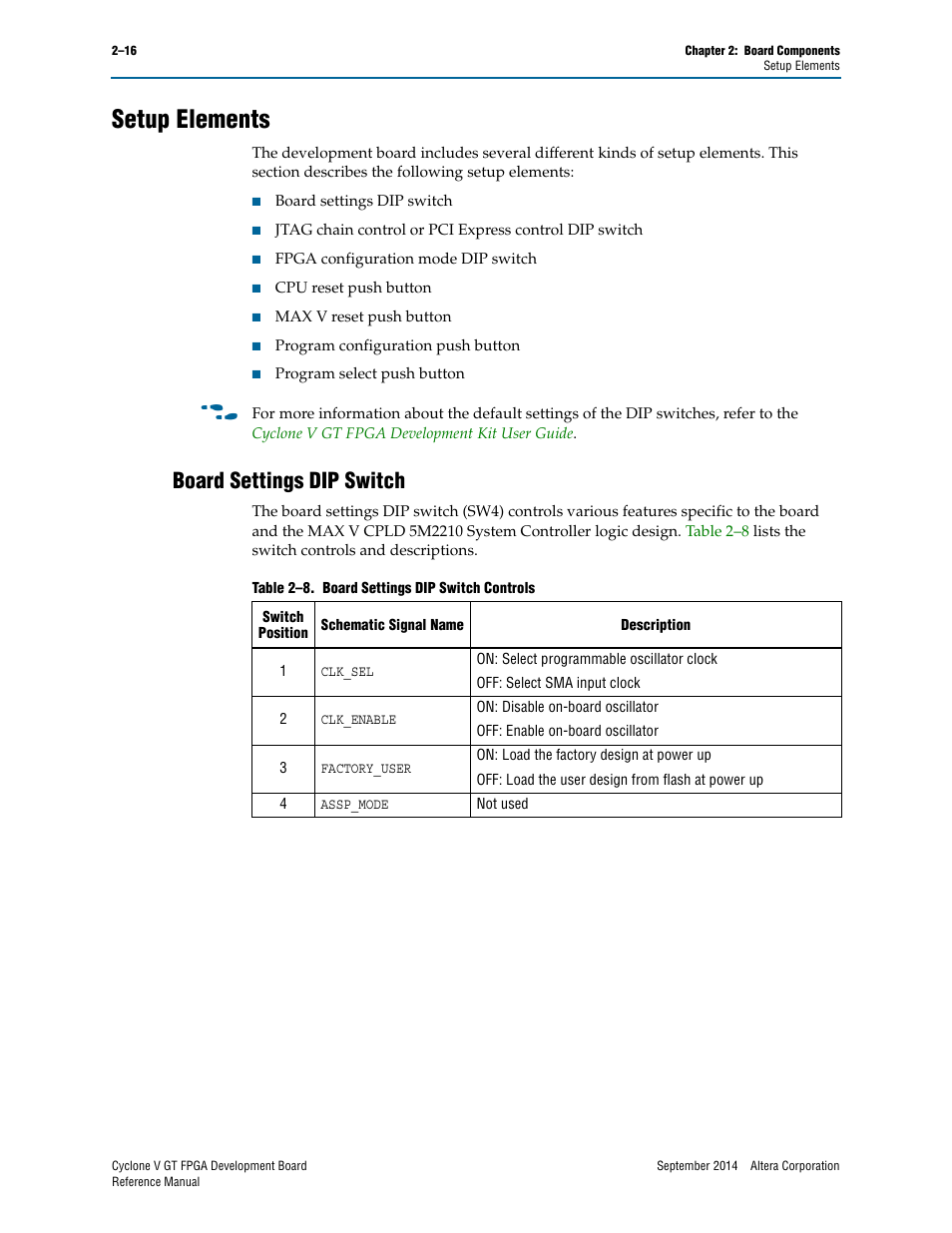 Setup elements, Board settings dip switch, Setup elements –16 | Board settings dip switch –16 | Altera Cyclone V GT FPGA Development Board User Manual | Page 24 / 66