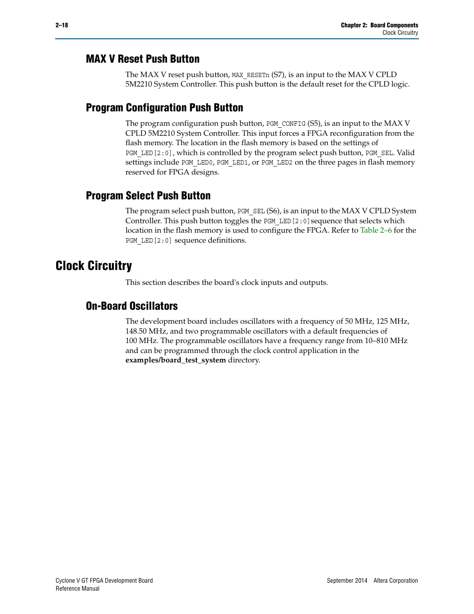 Max v reset push button, Program configuration push button, Program select push button | Clock circuitry, On-board oscillators, Clock circuitry –18, On-board oscillators –18 | Altera Cyclone V GT FPGA Development Board User Manual | Page 26 / 66