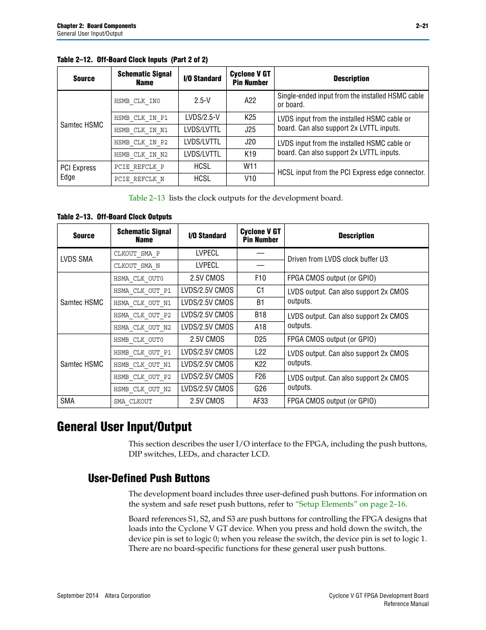 General user input/output, User-defined push buttons, General user input/output –21 | User-defined push buttons –21 | Altera Cyclone V GT FPGA Development Board User Manual | Page 29 / 66