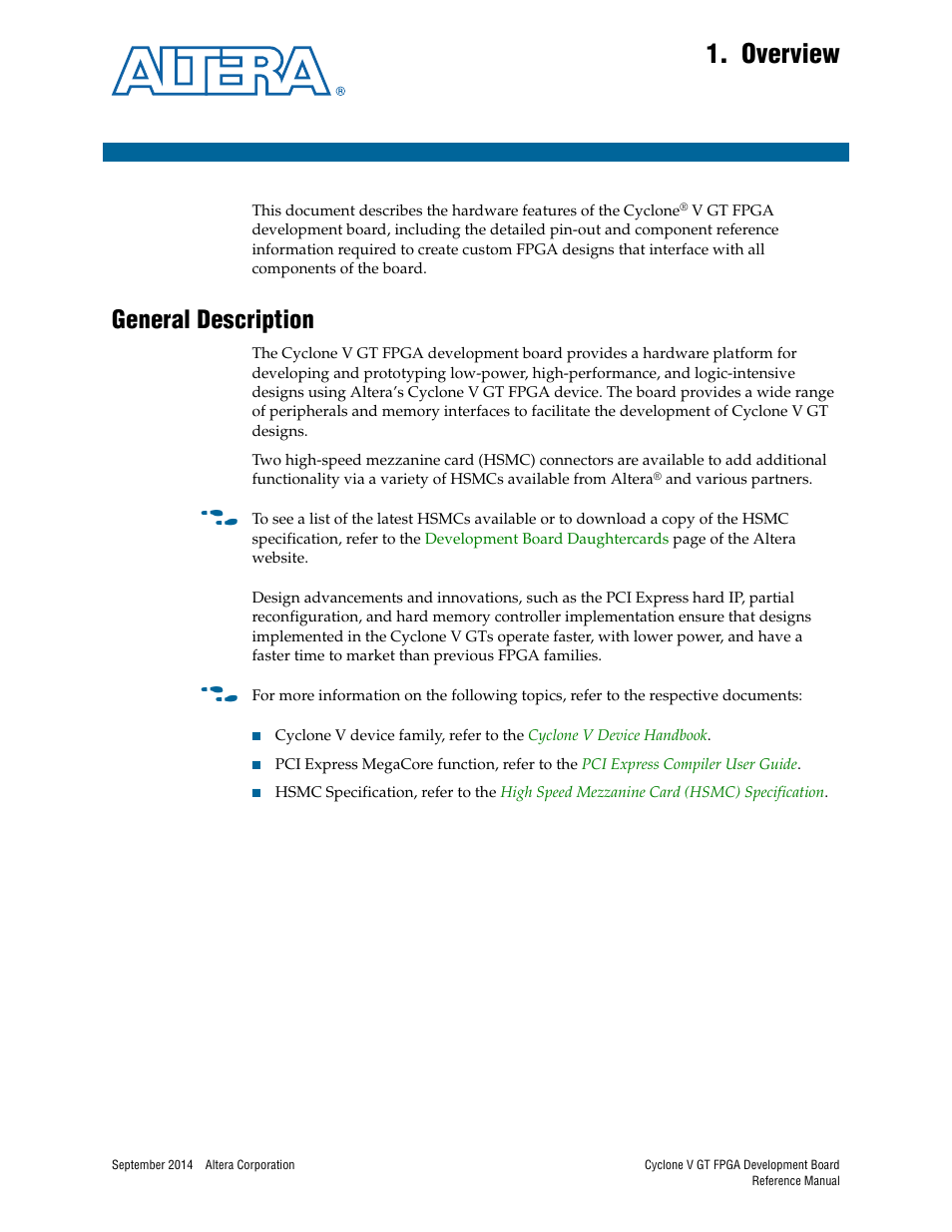 Overview, General description, Chapter 1. overview | General description –1 | Altera Cyclone V GT FPGA Development Board User Manual | Page 5 / 66