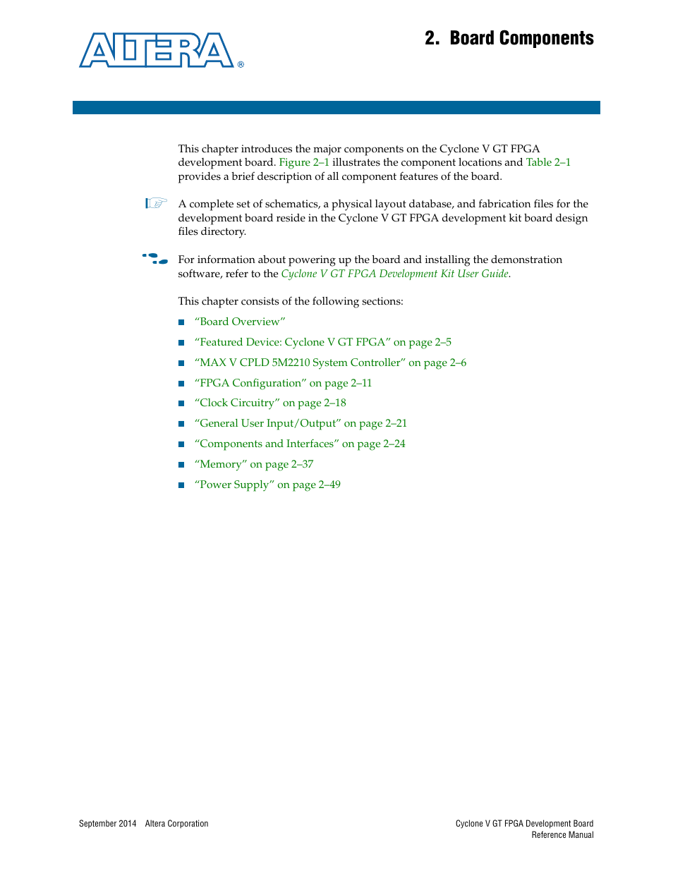 Board components, Chapter 2. board components | Altera Cyclone V GT FPGA Development Board User Manual | Page 9 / 66