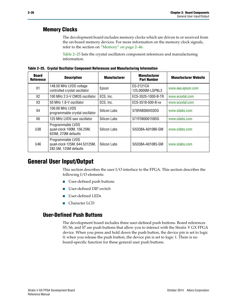 Memory clocks, General user input/output, User-defined push buttons | Memory clocks –26, General user input/output –26, User-defined push buttons –26 | Altera Stratix V GX FPGA Development Board User Manual | Page 34 / 76