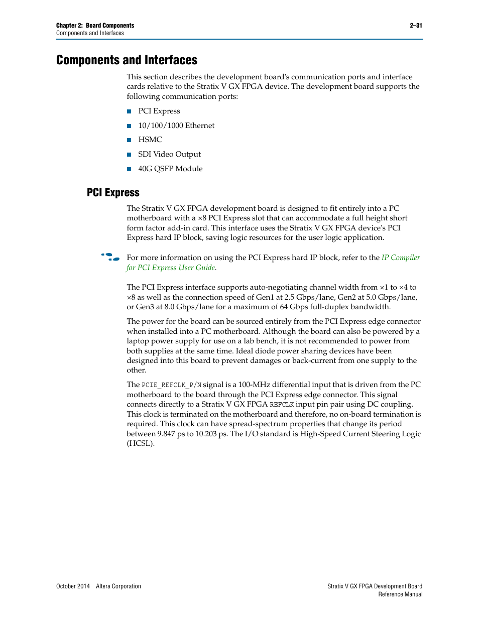 Components and interfaces, Pci express, Components and interfaces –31 | Pci express –31 | Altera Stratix V GX FPGA Development Board User Manual | Page 39 / 76