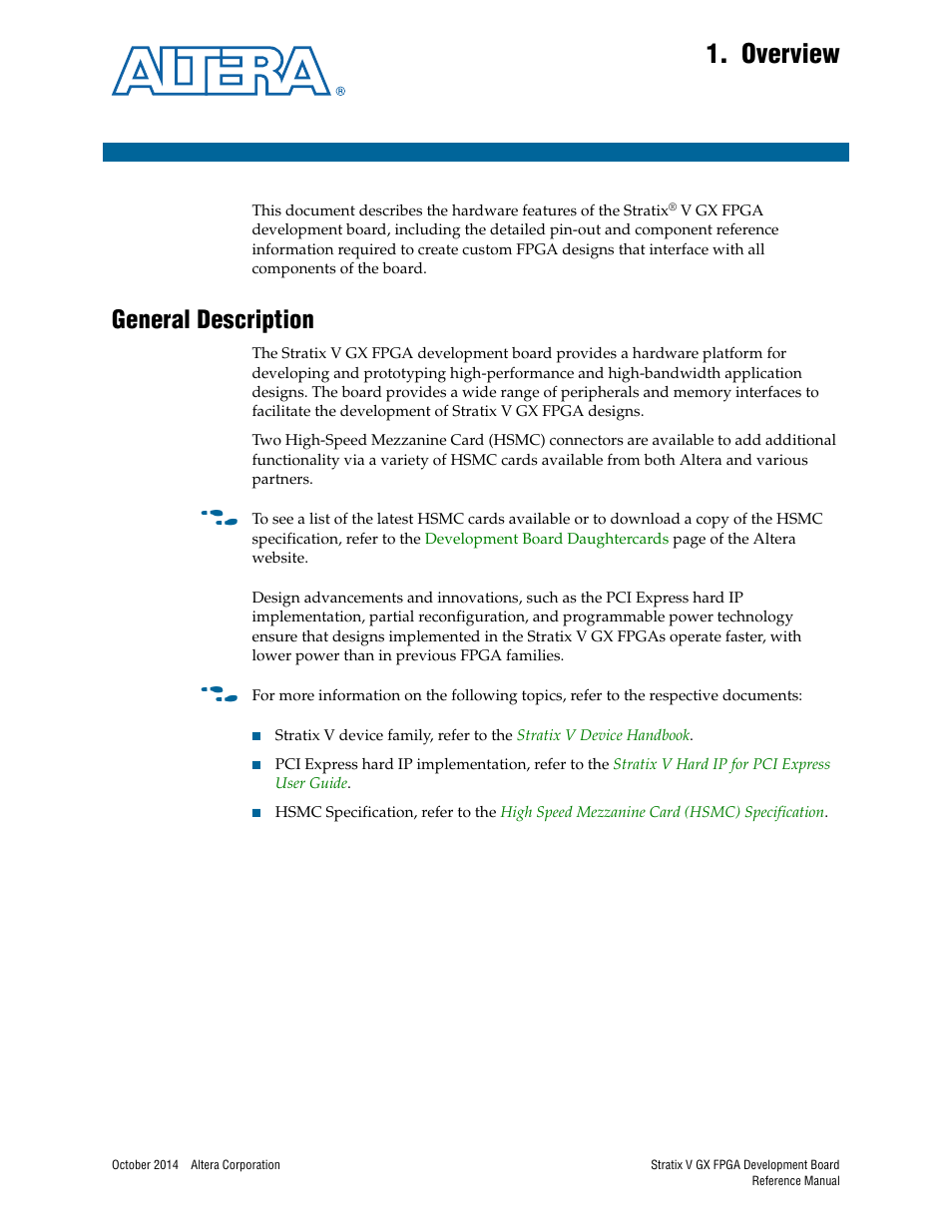 Overview, General description, Chapter 1. overview | General description –1 | Altera Stratix V GX FPGA Development Board User Manual | Page 5 / 76