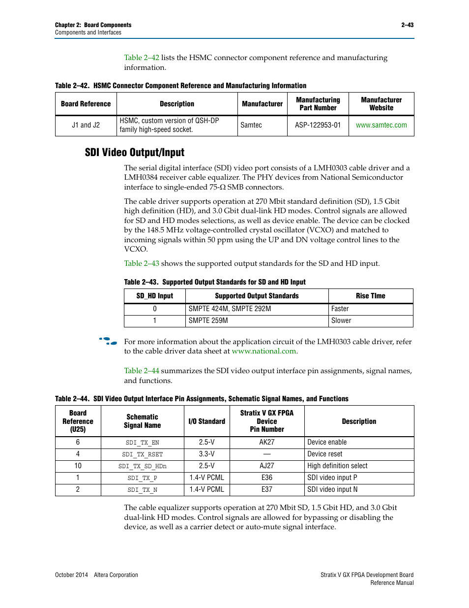Sdi video output/input, Sdi video output/input –43 | Altera Stratix V GX FPGA Development Board User Manual | Page 51 / 76