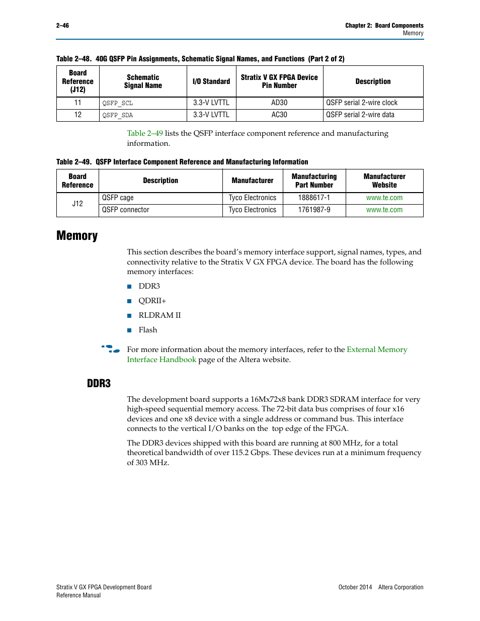 Memory, Ddr3, Memory –46 | Ddr3 –46 | Altera Stratix V GX FPGA Development Board User Manual | Page 54 / 76