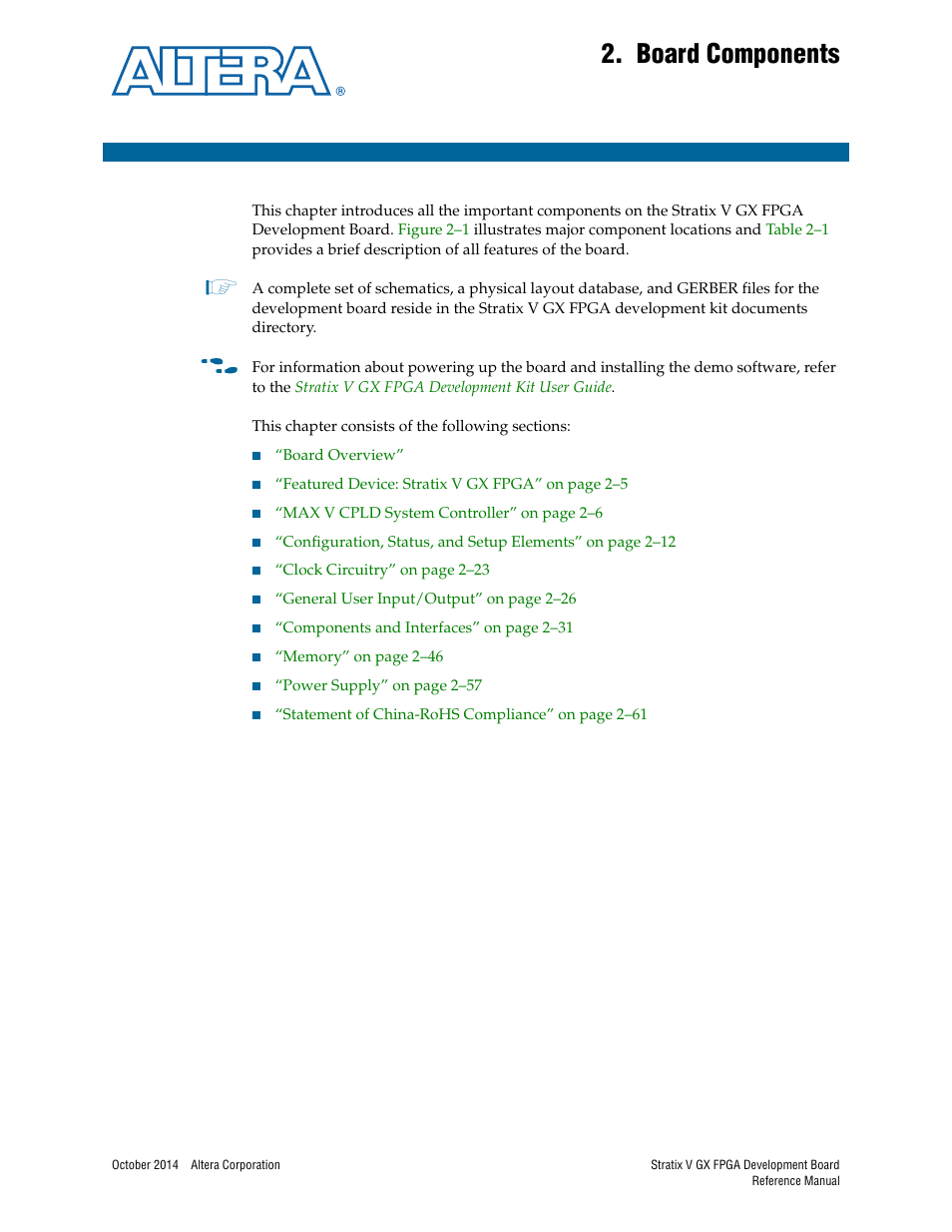 Board components, Chapter 2. board components | Altera Stratix V GX FPGA Development Board User Manual | Page 9 / 76