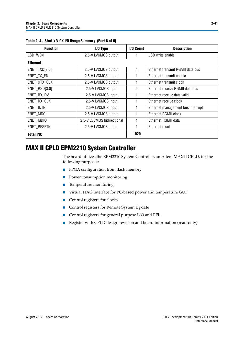 Max ii cpld epm2210 system controller, Max ii cpld epm2210 system controller –11 | Altera 100G Development Kit, Stratix V GX Edition User Manual | Page 19 / 76