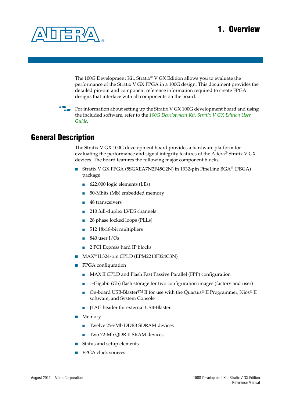Overview, General description, Chapter 1. overview | General description –1 | Altera 100G Development Kit, Stratix V GX Edition User Manual | Page 5 / 76