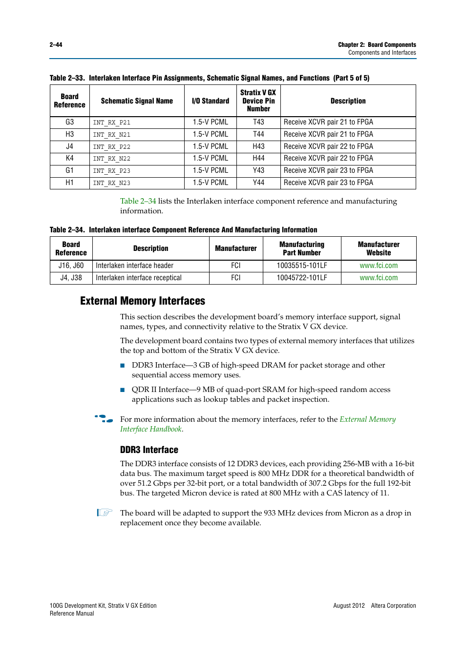 External memory interfaces, Ddr3 interface, External memory interfaces –44 | Ddr3 interface –44 | Altera 100G Development Kit, Stratix V GX Edition User Manual | Page 52 / 76