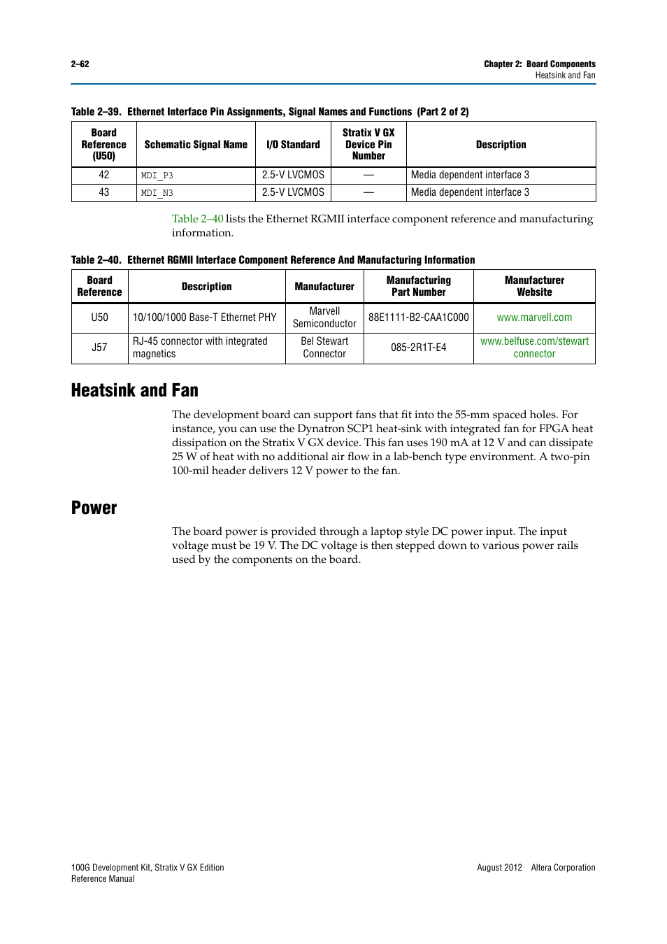 Heatsink and fan, Power, Heatsink and fan –62 power –62 | Altera 100G Development Kit, Stratix V GX Edition User Manual | Page 70 / 76