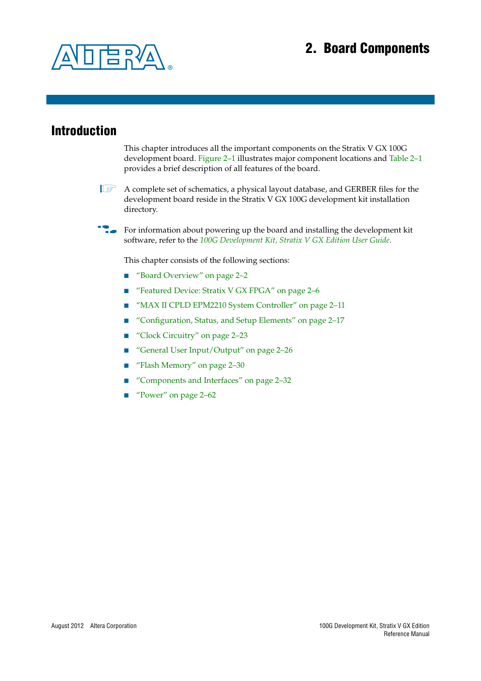 Board components, Introduction, Chapter 2. board components | Introduction –1 | Altera 100G Development Kit, Stratix V GX Edition User Manual | Page 9 / 76