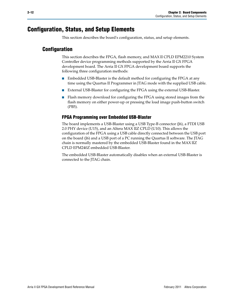 Configuration, status, and setup elements, Configuration, Fpga programming over embedded usb-blaster | Configuration, status, and setup elements –12, Configuration –12, Fpga programming over embedded usb-blaster –12 | Altera Arria II GX FPGA Development Board User Manual | Page 20 / 64