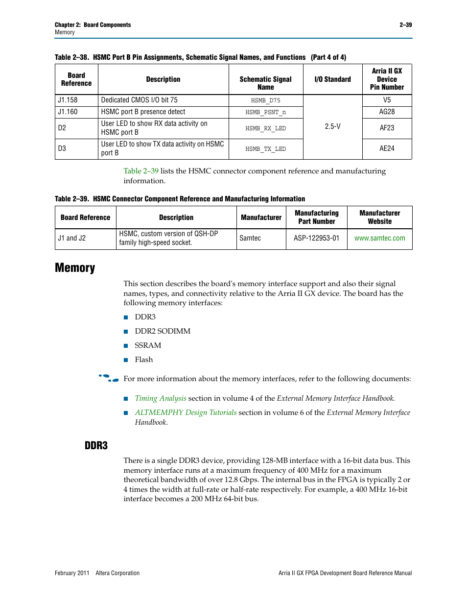 Memory, Ddr3, Memory –39 | Ddr3 –39 | Altera Arria II GX FPGA Development Board User Manual | Page 47 / 64