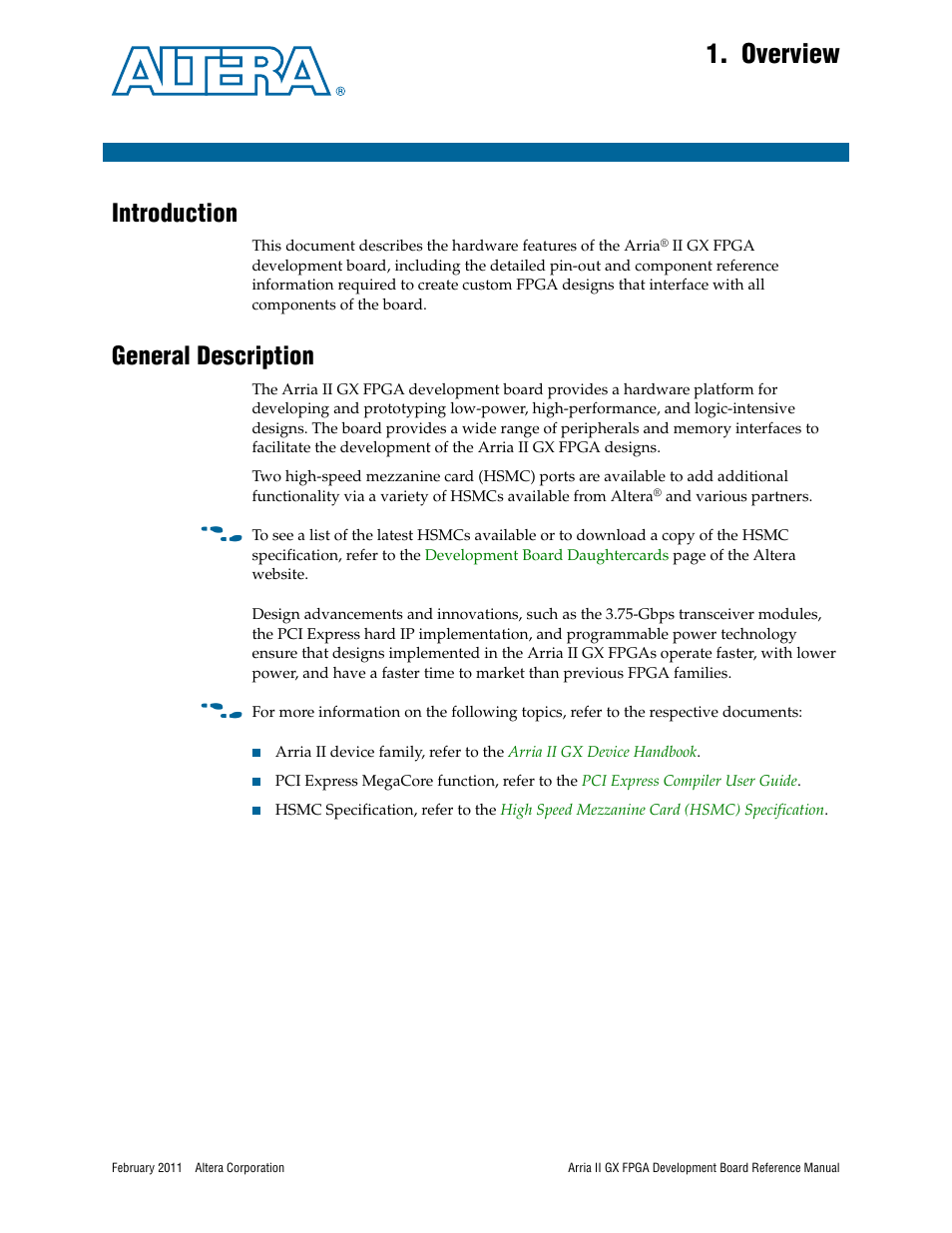 Overview, Introduction, General description | Chapter 1. overview, Introduction –1 general description –1 | Altera Arria II GX FPGA Development Board User Manual | Page 5 / 64
