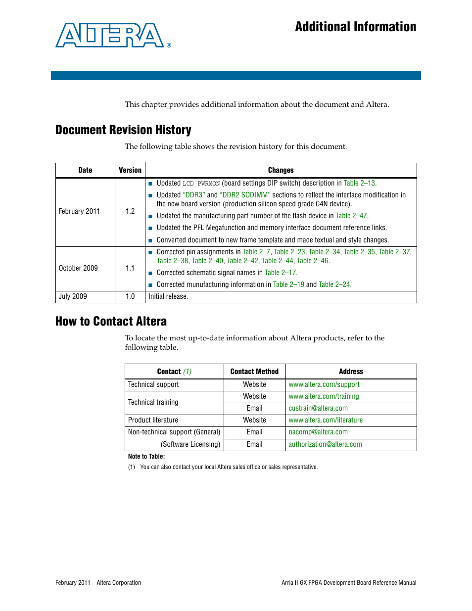 Additional information, Document revision history, How to contact altera | Altera Arria II GX FPGA Development Board User Manual | Page 63 / 64