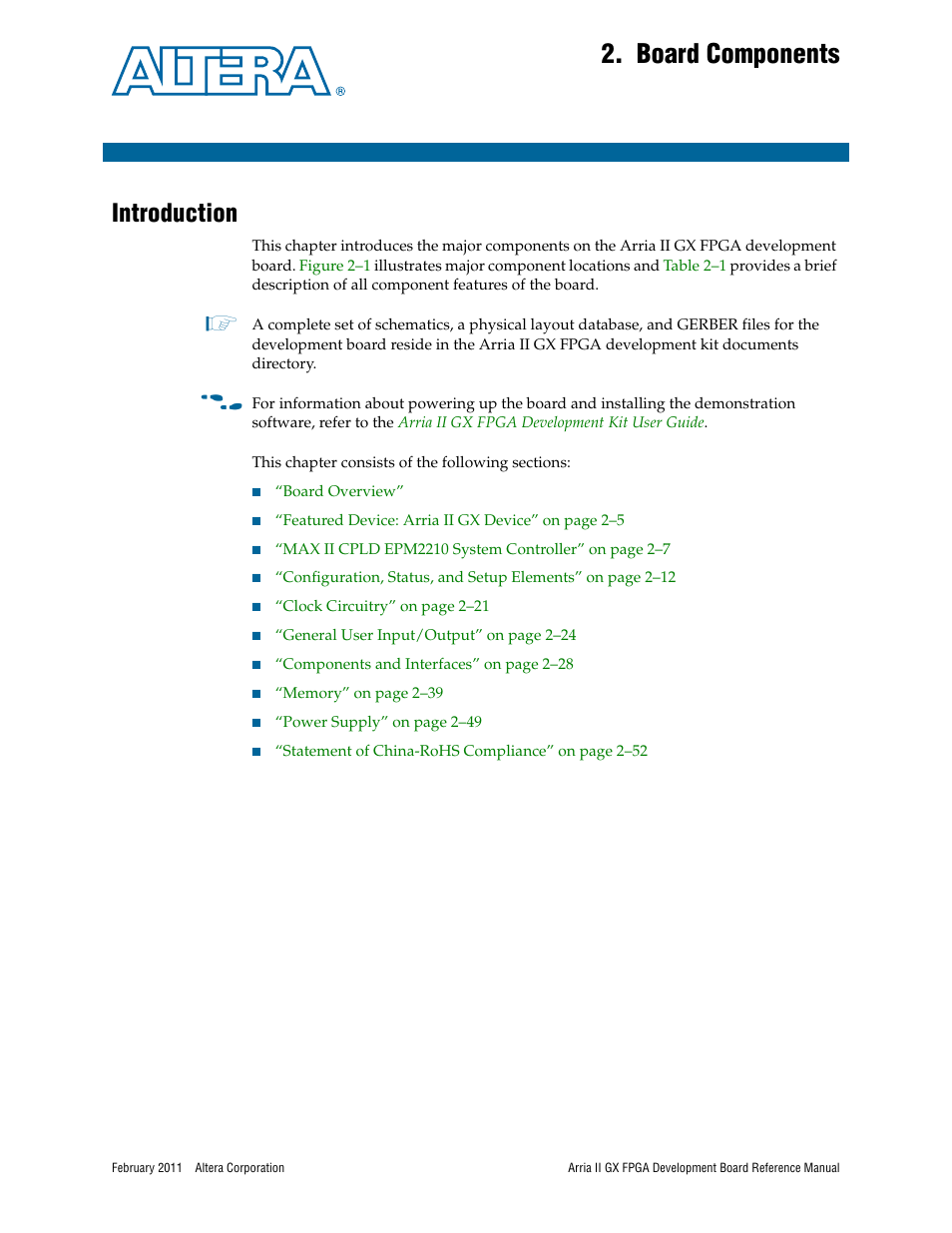 Board components, Introduction, Chapter 2. board components | Introduction –1 | Altera Arria II GX FPGA Development Board User Manual | Page 9 / 64