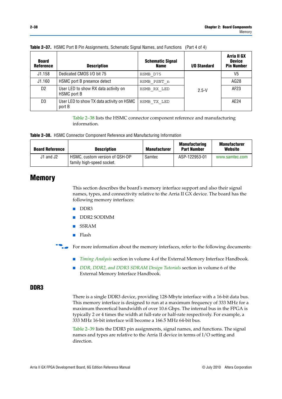 Memory, Ddr3, Memory –38 | Ddr3 –38 | Altera Arria II GX FPGA Development Board, 6G Edition User Manual | Page 46 / 62