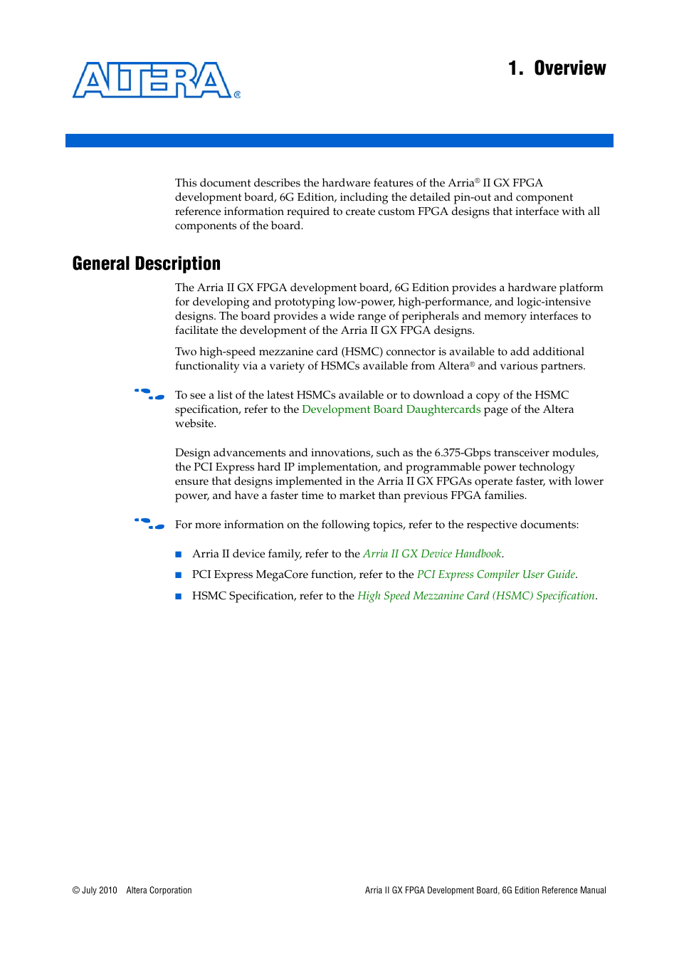 Overview, General description, Chapter 1. overview | General description –1 | Altera Arria II GX FPGA Development Board, 6G Edition User Manual | Page 5 / 62