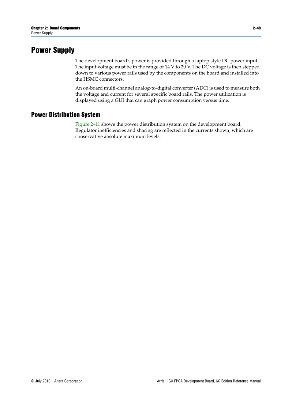 Power supply, Power distribution system, Power supply –49 | Power distribution system –49 | Altera Arria II GX FPGA Development Board, 6G Edition User Manual | Page 57 / 62