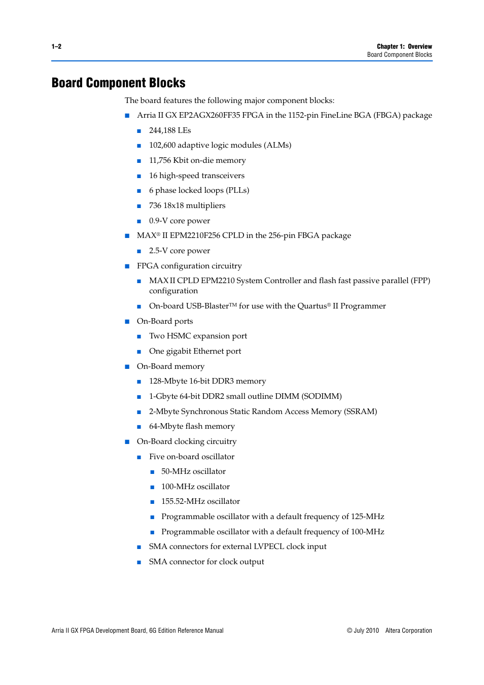 Board component blocks, Board component blocks –2 | Altera Arria II GX FPGA Development Board, 6G Edition User Manual | Page 6 / 62