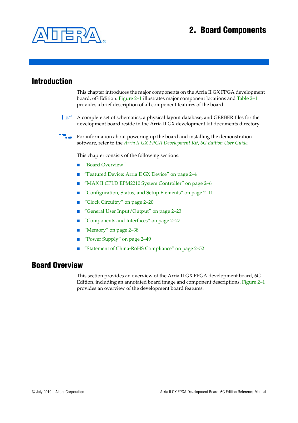 Board components, Introduction, Board overview | Chapter 2. board components, Introduction –1 board overview –1 | Altera Arria II GX FPGA Development Board, 6G Edition User Manual | Page 9 / 62
