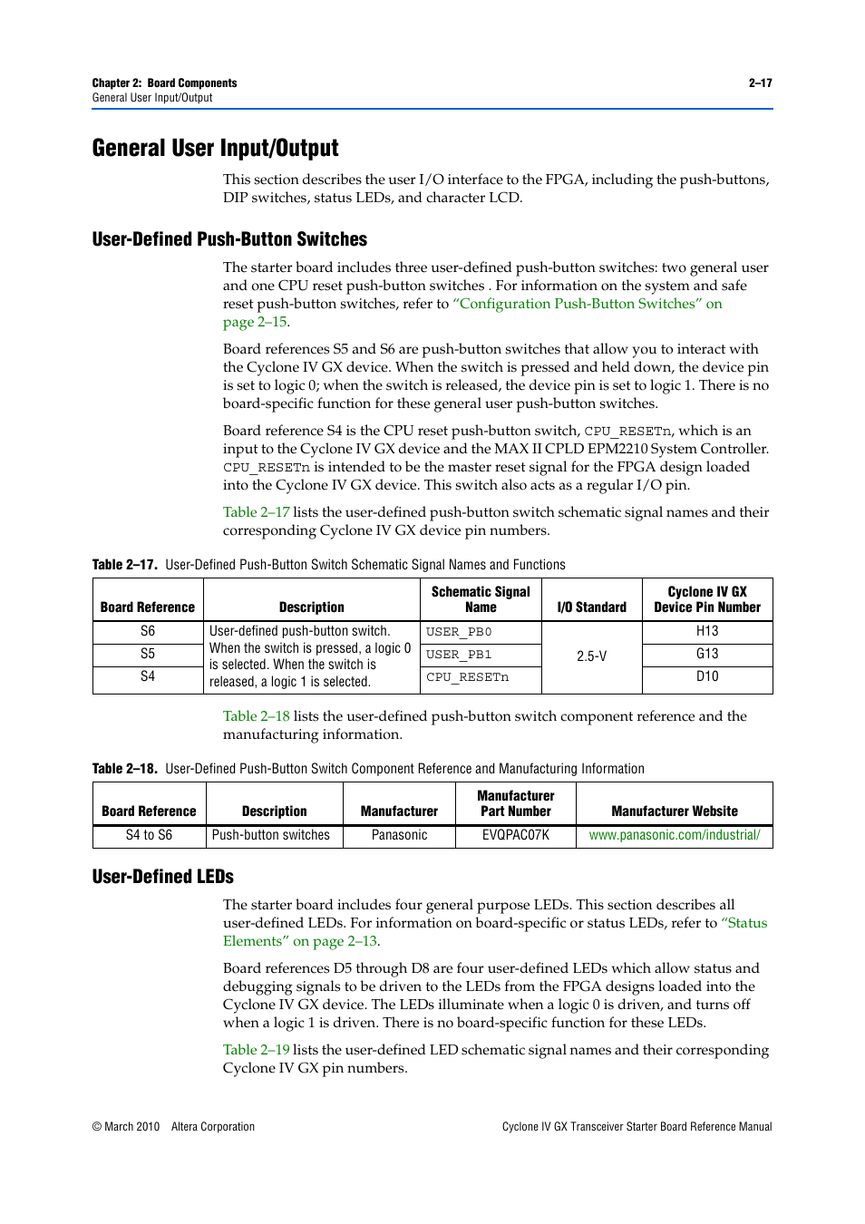 General user input/output, User-defined push-button switches, User-defined leds | General user input/output –17 | Altera Cyclone IV GX Transceiver Starter Board User Manual | Page 25 / 40
