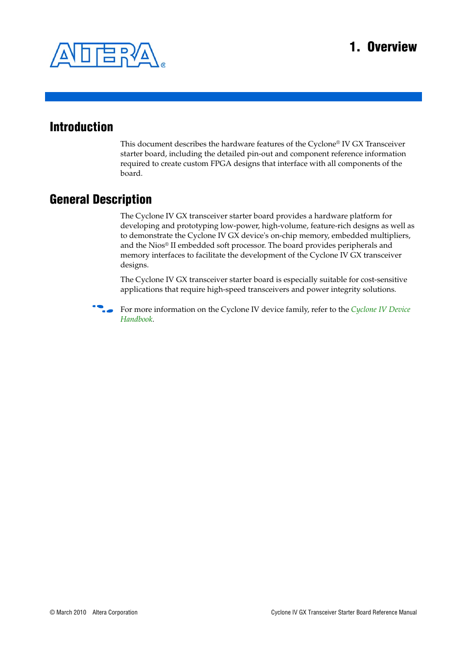 Overview, Introduction, General description | Chapter 1. overview, Introduction –1 general description –1 | Altera Cyclone IV GX Transceiver Starter Board User Manual | Page 5 / 40